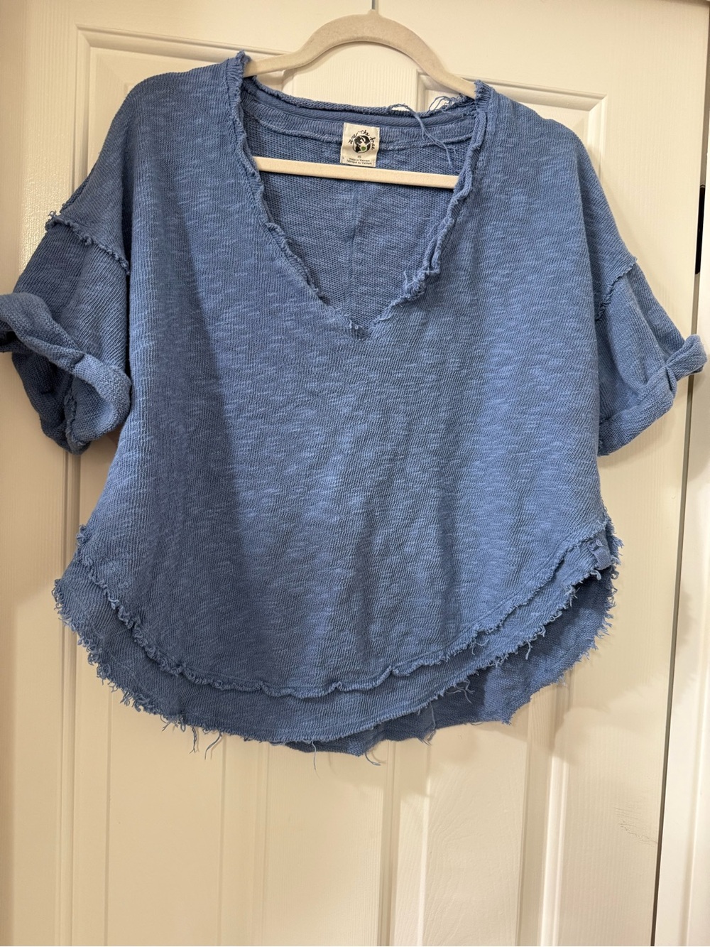 We The Free Distressed V-Neck Raw-Edge Top in Light Blue